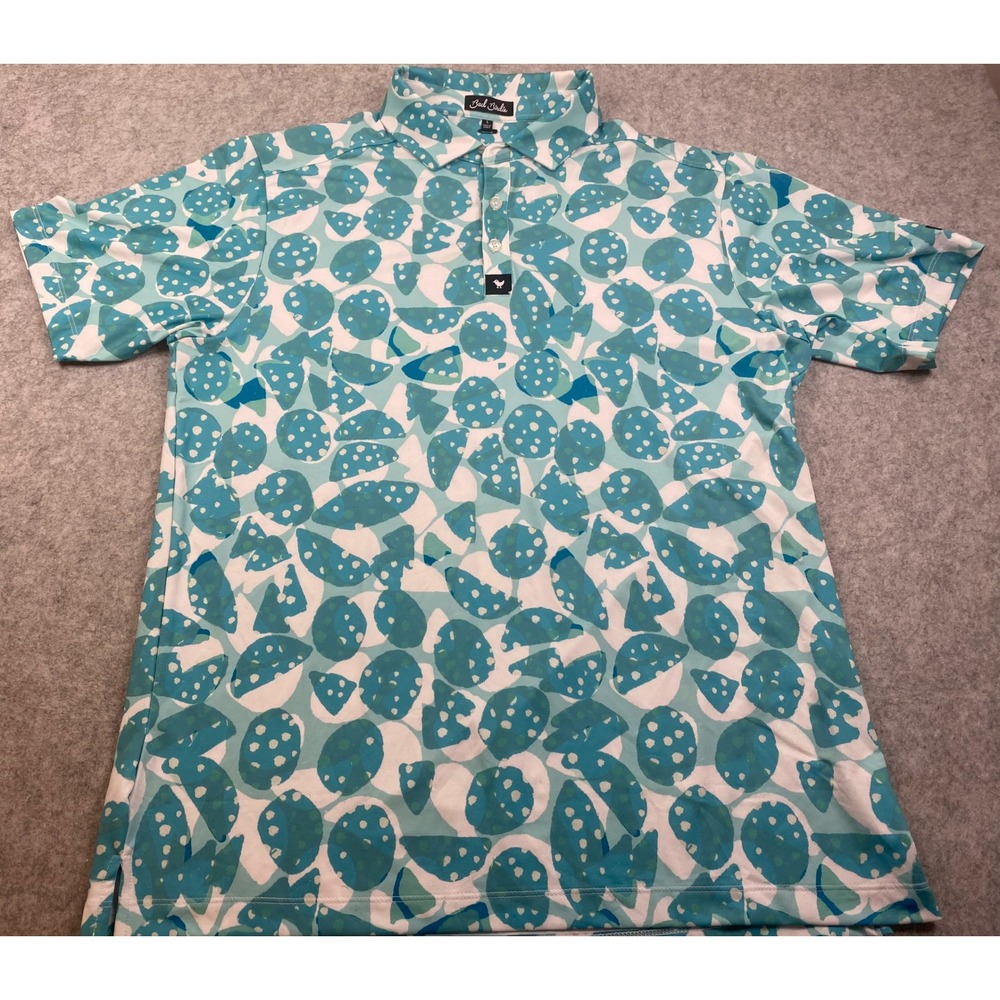 Bad Birdie BAM BAM Golf Polo Shirt Teal Blue Abstract Geometric Print Size Large